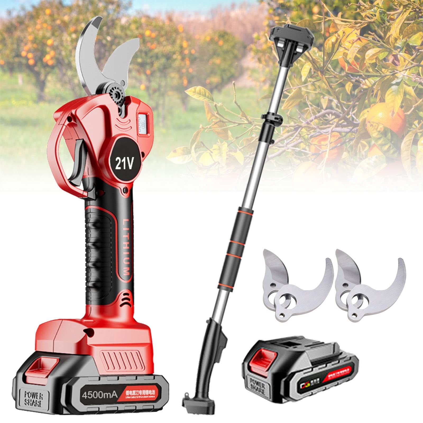 Sécateur sans fil pour couper les branches hautes sans échelle avec 2 batteries