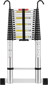 STANEW Aluminium Telescopic Ladder 6.2 M/20.34 FT,Ladders Extendable with Stabilizer Bar & Detachable Hooks, Multi-Purpose Telescoping Ladder with Thickened Non-Slip Feet, Max Load 150 KG