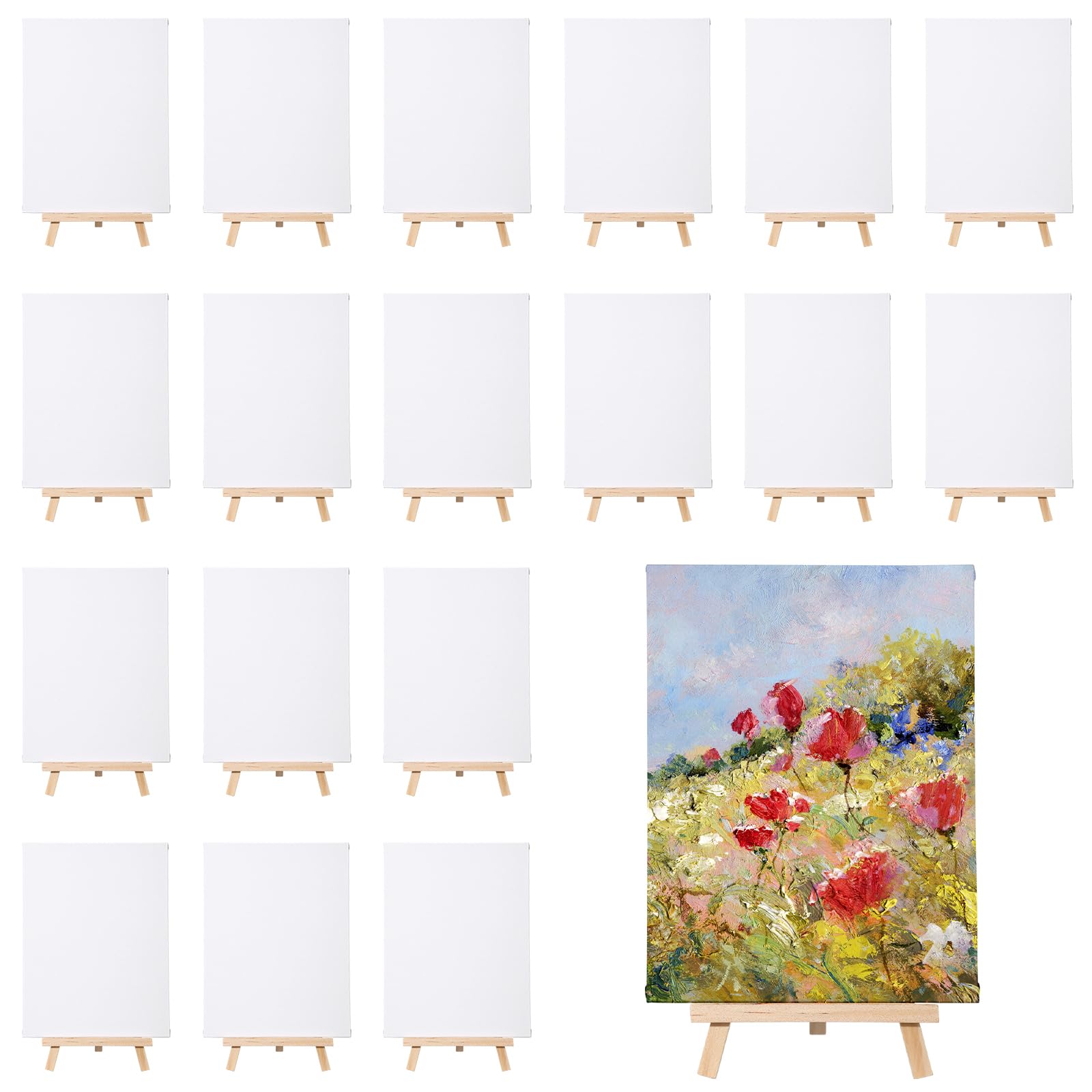 MotiMind 36-teiliges Leinwandbrett mit Staffelei-Set zum Malen, 15,2 x 20,3 cm, Leinwandpaneele mit 20,3 cm großen Holzstaffeleien für Öl-, Acrylmalerei, Geburtstagsparty, Kunst, Handwerk, Geburtstag