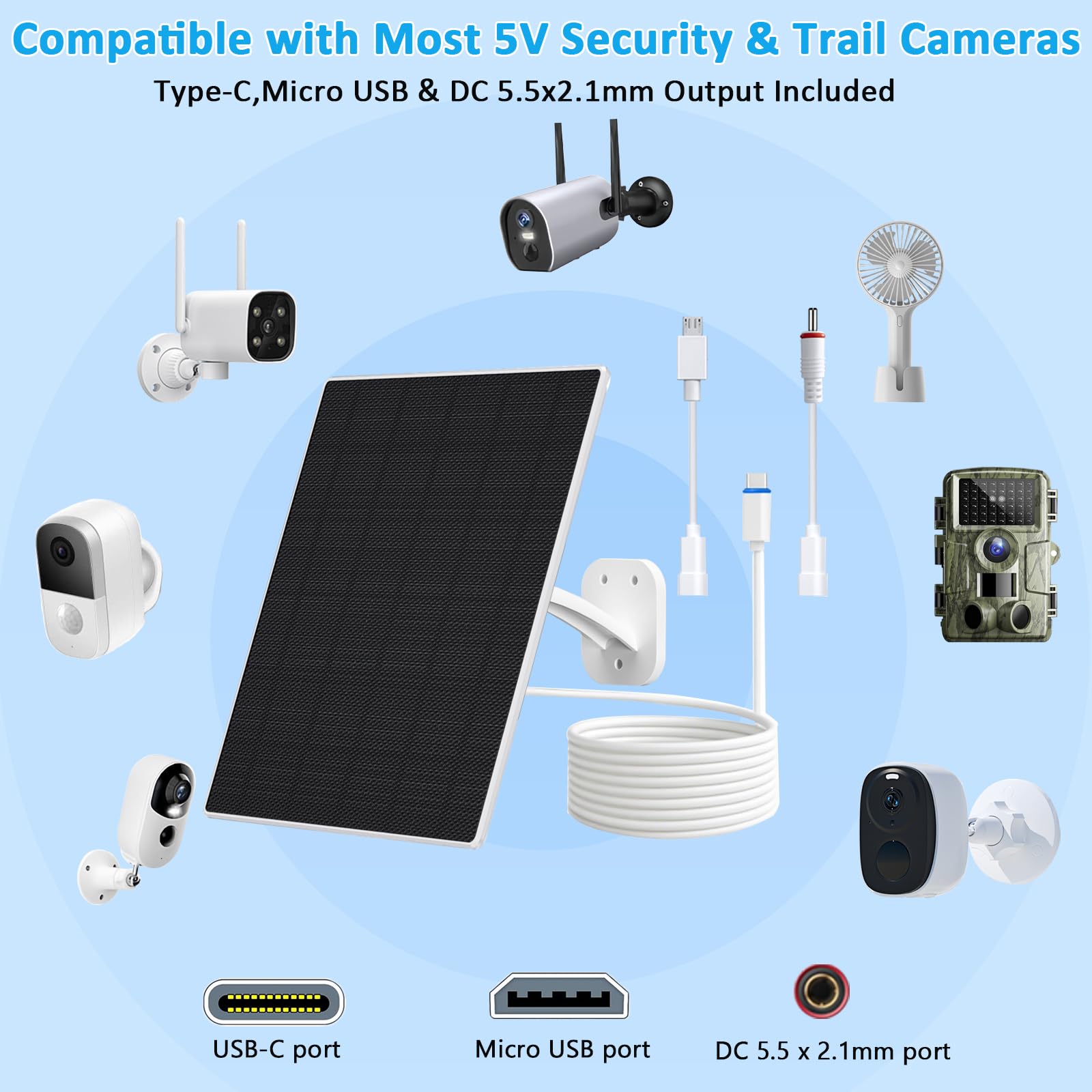 FUTUREZEN Pannello solare per telecamera di sicurezza, caricatore solare da 10 W con DC 5,5 x 2,1 mm, porta USB-C e micro USB, impermeabile IP66, supporto regolabile a 360°, cavo da 2 m (confezione da