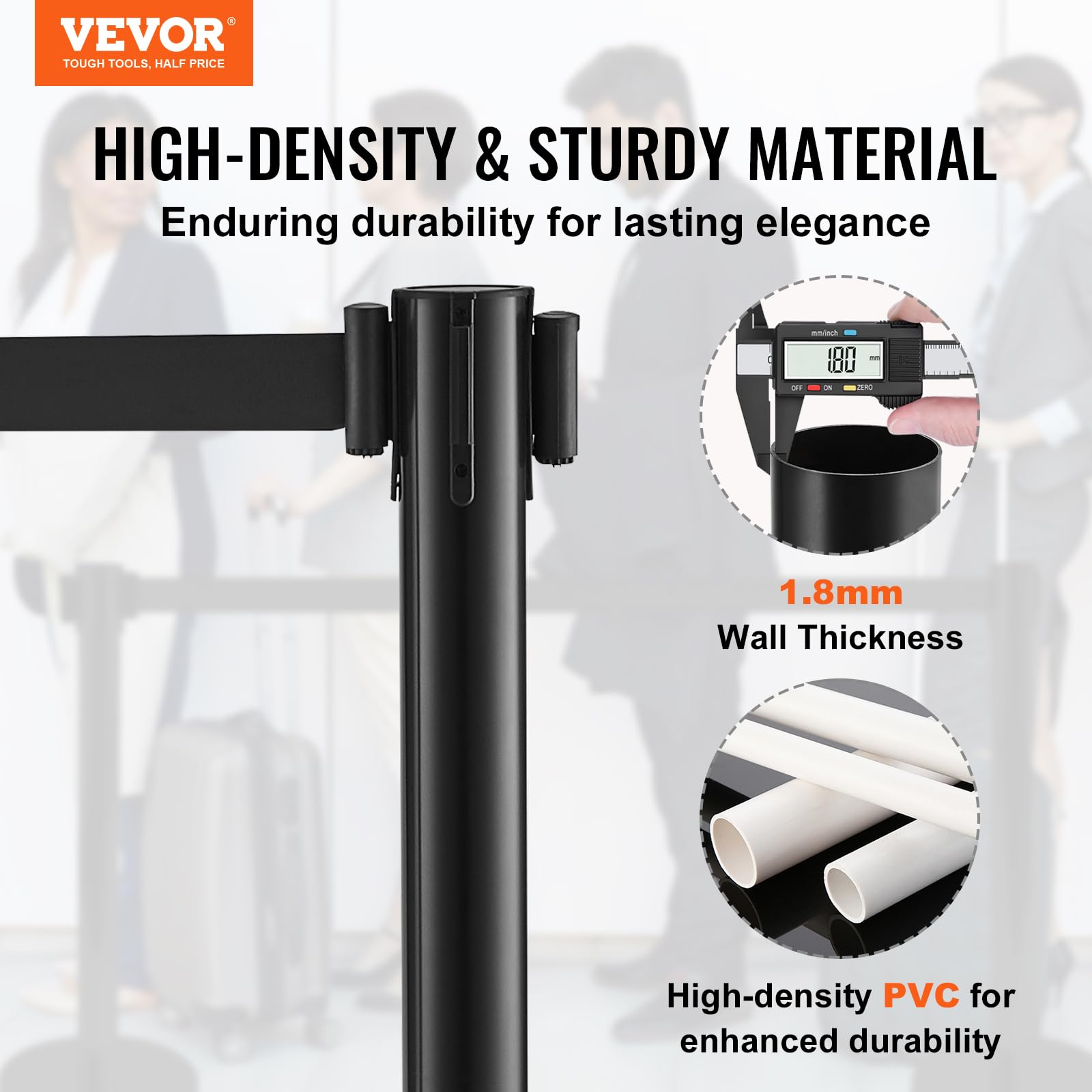 VEVOR Crowd Control Stanchions, 6-Pack Solid Base Crowd Control Barriers with 3PCS 6.5FT Black Retractable Belts, Black Stanchion Queue Post, Belt Barriers Line Divider Stanchion Set