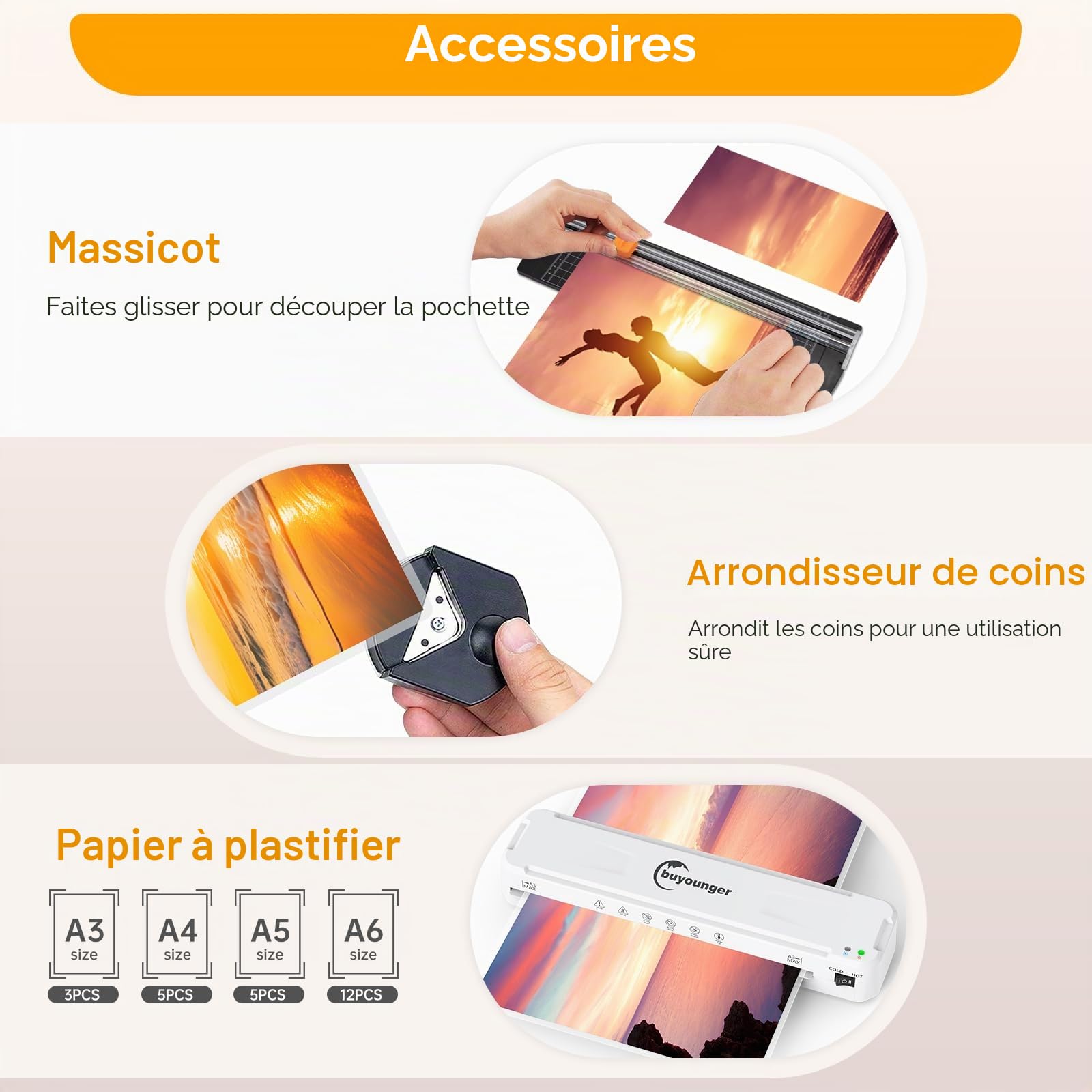 Plastifieuse A3 Chaud Froid 5 en 1 avec Coupe-papier Arrondisseur d'angle, 30 Pochettes A4/A3/A5/A6, Bureau Maison École