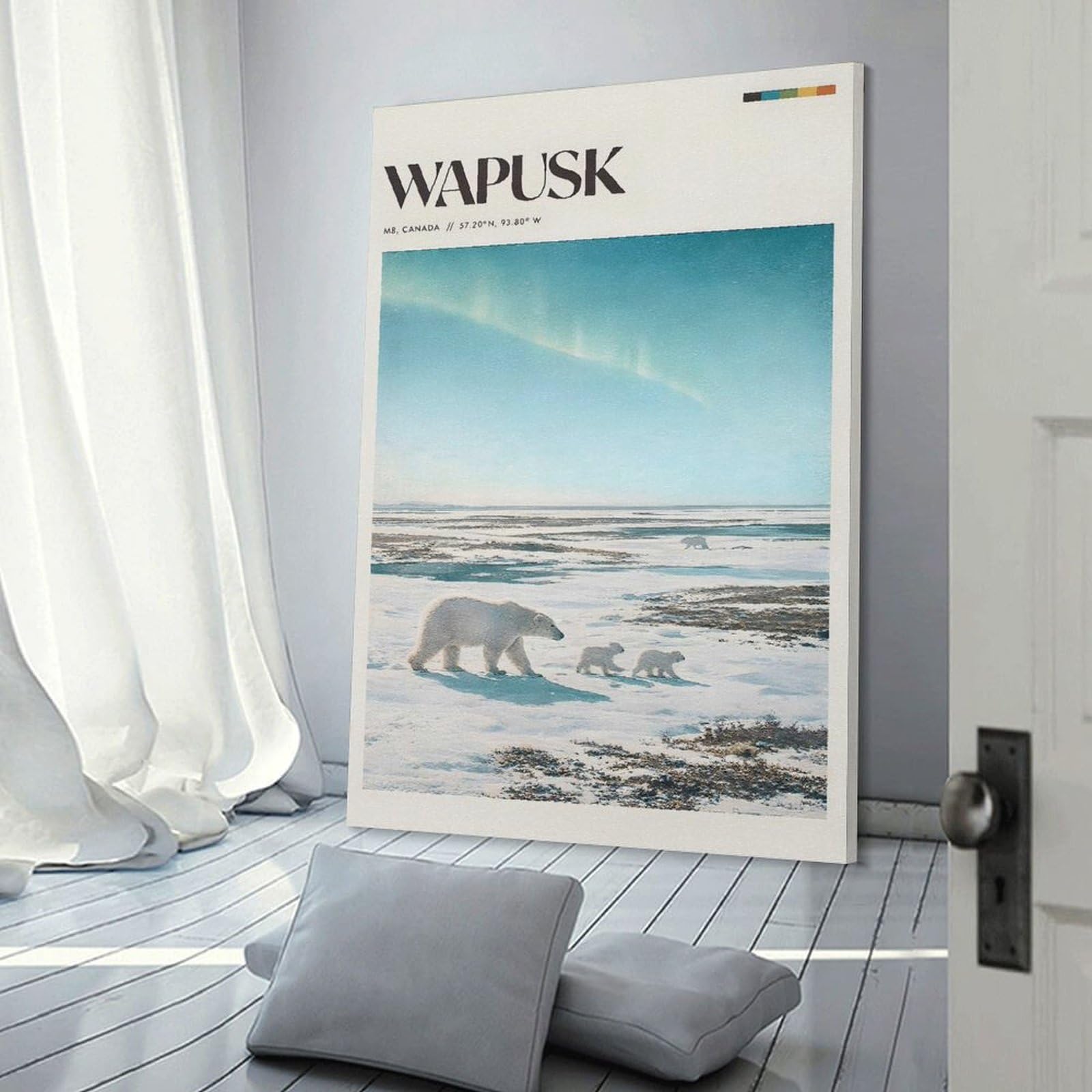 Junmoney Frame-Style-9 Canvas Wall Picture Polar Bears Under Aurora Borealis, 20X30inch(50X75cm), For Study, Office Or Focused Interiors, Wall Art That Adds Style To Work Areas