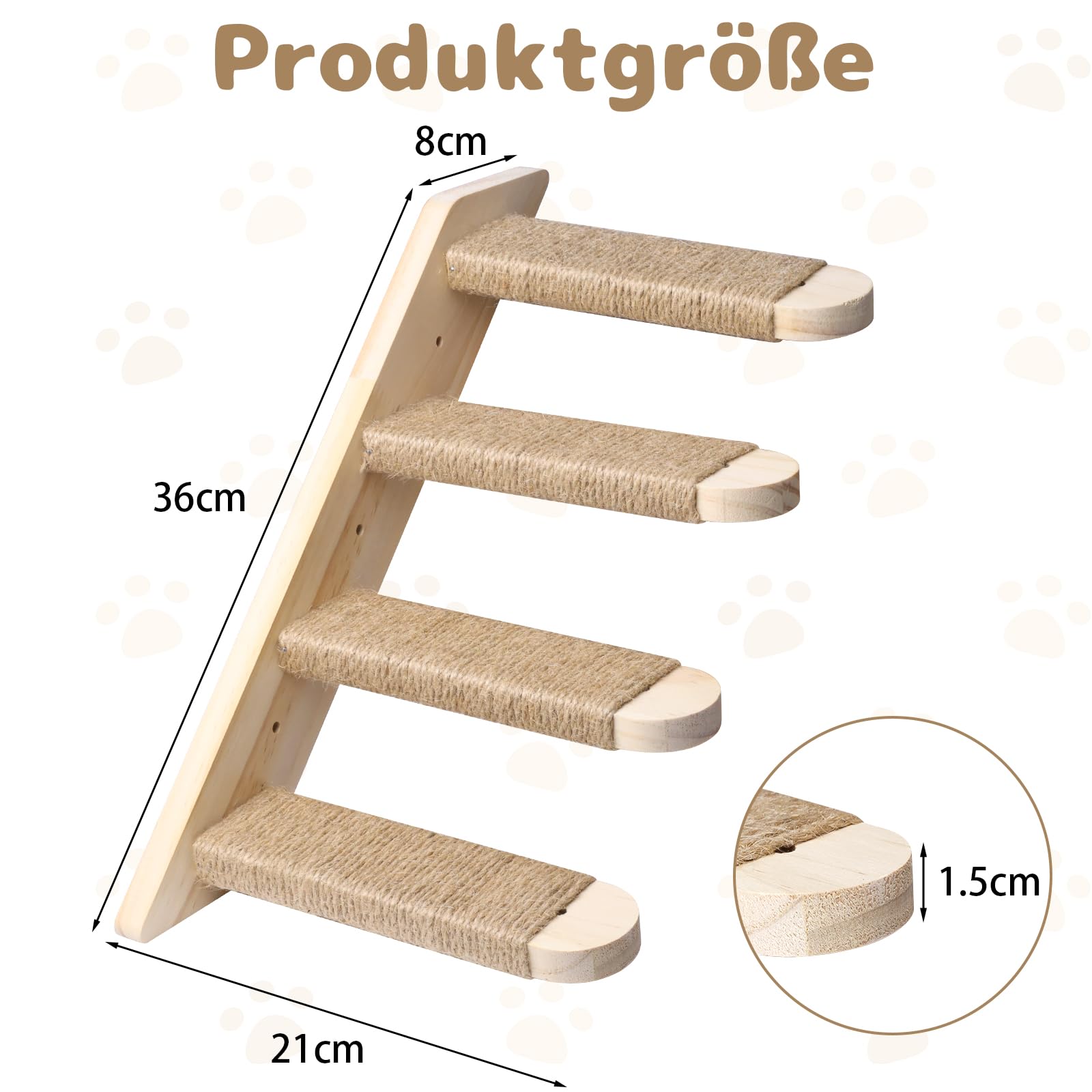 Katzentreppe Wand 4 Stufen Kletterwand für Katzen, DIY Kletterwand Katzen, Katzenleiter Mit Juteseil Wandliege aus Massives Gummiholz für Katze Klettern Spielen, Maximale Tragfähigkeit 15kg