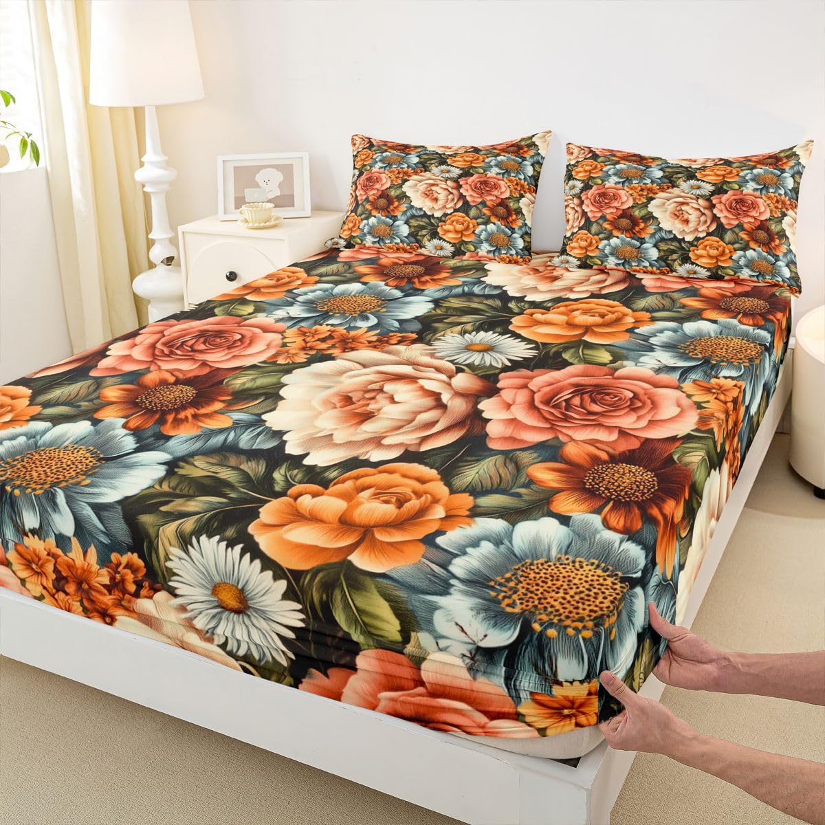 Homewish Groovy - Juego de sábanas para cama de matrimonio, diseño floral hippie, estilo hippie, 60 y 70, juego de ropa de cama hippie, 4 piezas