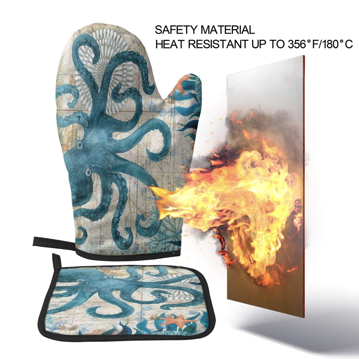 Ofenhandschuhe & Topflappen Set - Nautisches Design, Hitzebeständig Bis 180°C