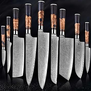 9 PCS Damascus Steel Kitchen Knife Set, Ultra Sharp Japanese Chef Knife Collection, Multipurpose Forged Kitchen Knives for Home Cooking & Food Preparation brown
