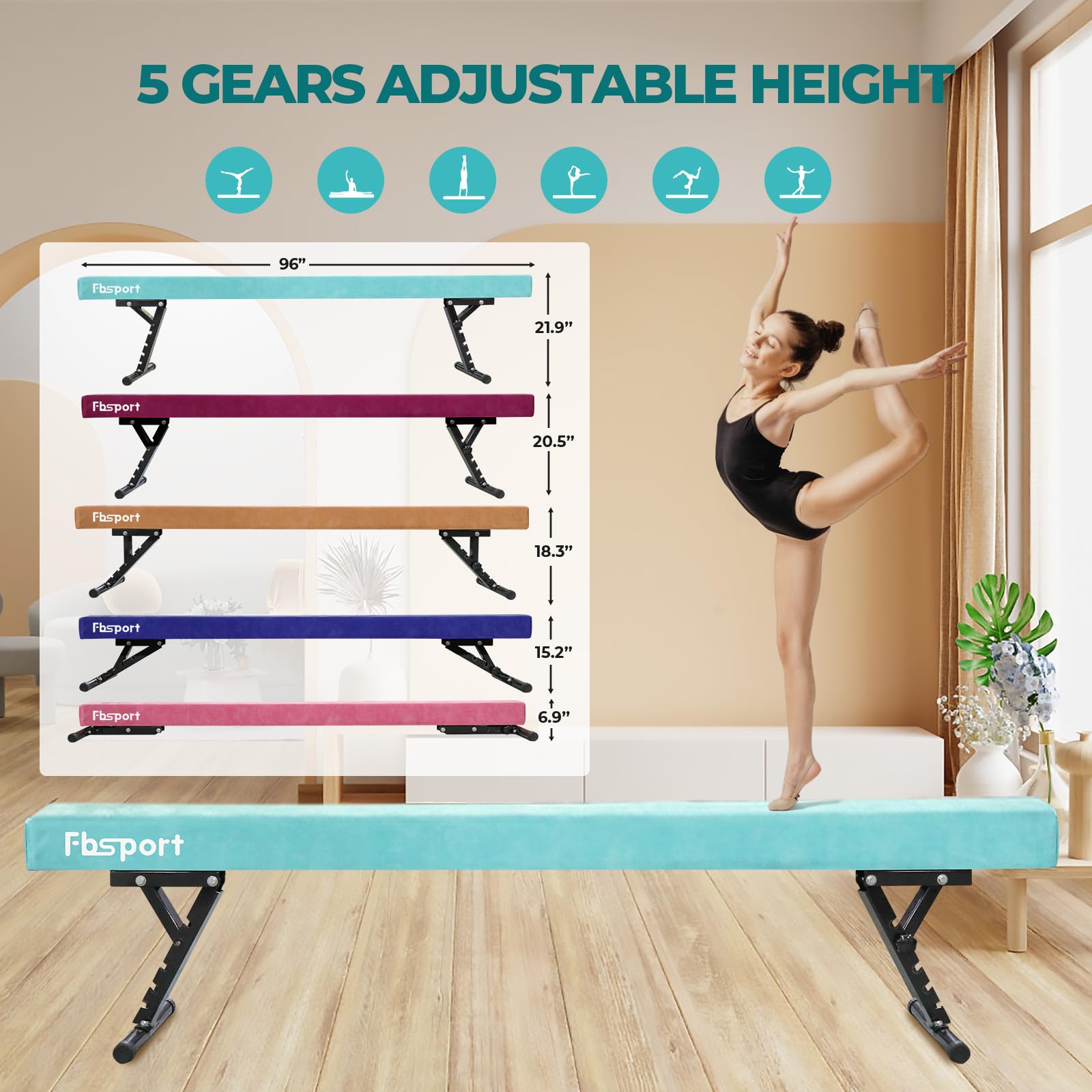 trave ginnastica artistica Regolabile 244CM, 5 altezza regolabiletrave ginnastica trave di equilibrio ginnastica ad alto e basso livello Fascia da pavimento Altamente stabile per bambini/adulti Verde