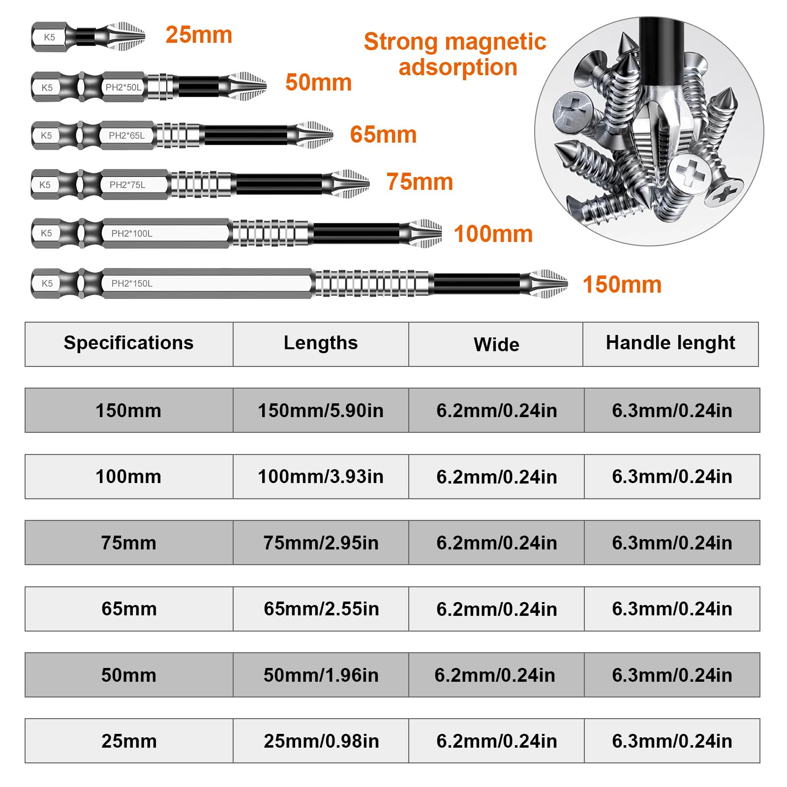 High-Magnetic Screwdriver Drill Bit Set, 6 Pcs Anti-Slip Impact Bits with Magnetiser - Image 2