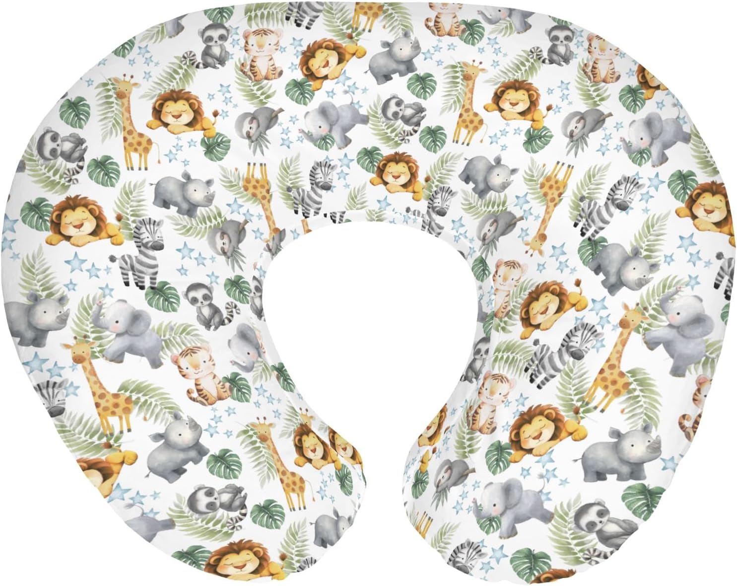 Jungle Friends Nursing Pillow Covers for Boy Girl Safari Lion Giraffe Elephant Tropical Leaves Nursery Slipcovers for Breastfeeding Pillows African Animals Soft Stretchy Cover for Newborn Infant