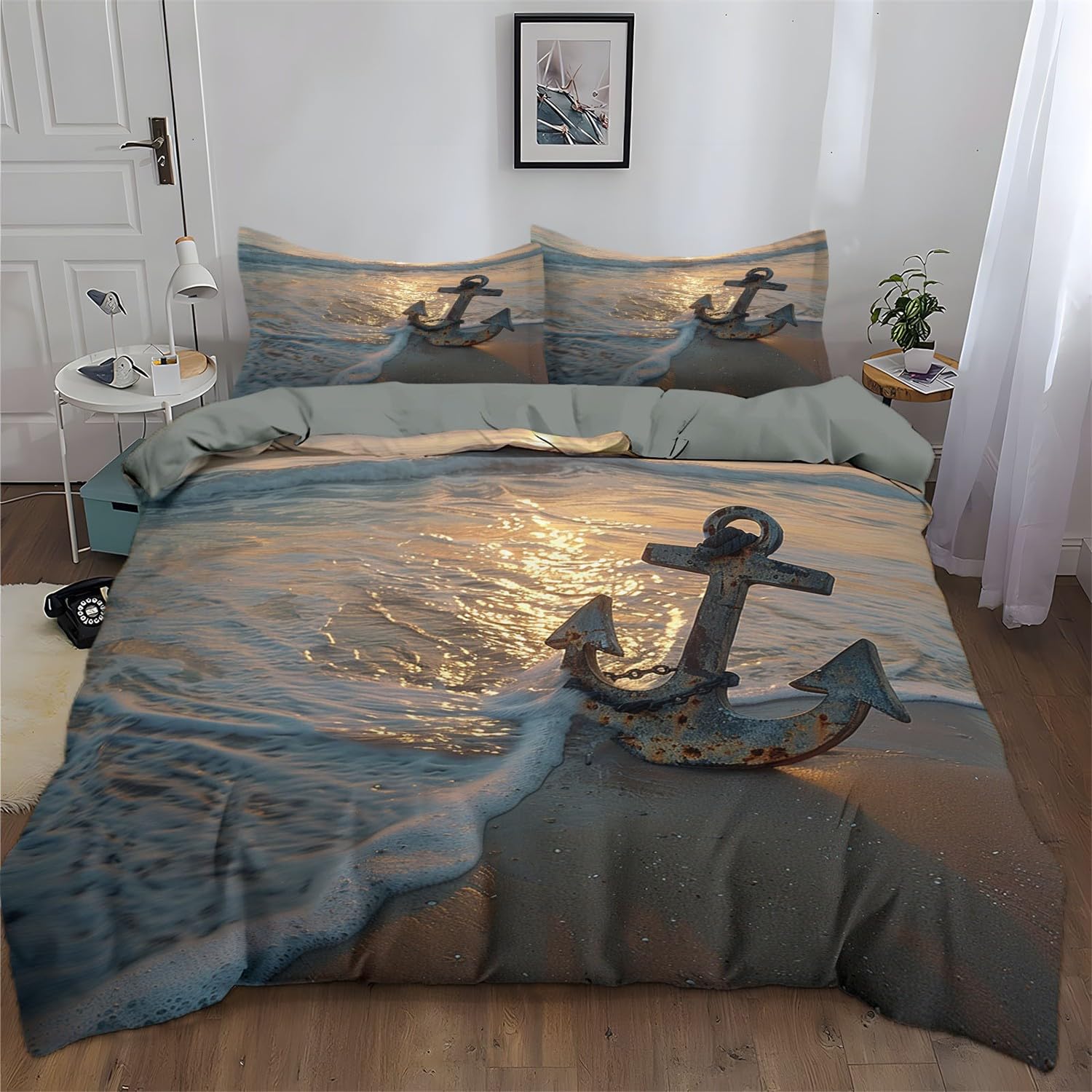 Pościel 240 x 220 cm, poszewka na kołdrę z motywem kotwicy, morza, ÖkoTex, 3-częściowy, super miękka i nie wymaga prasowania, dwustronna pościel z mikrofibry i 2 poszewki na poduszkę 80 x 80