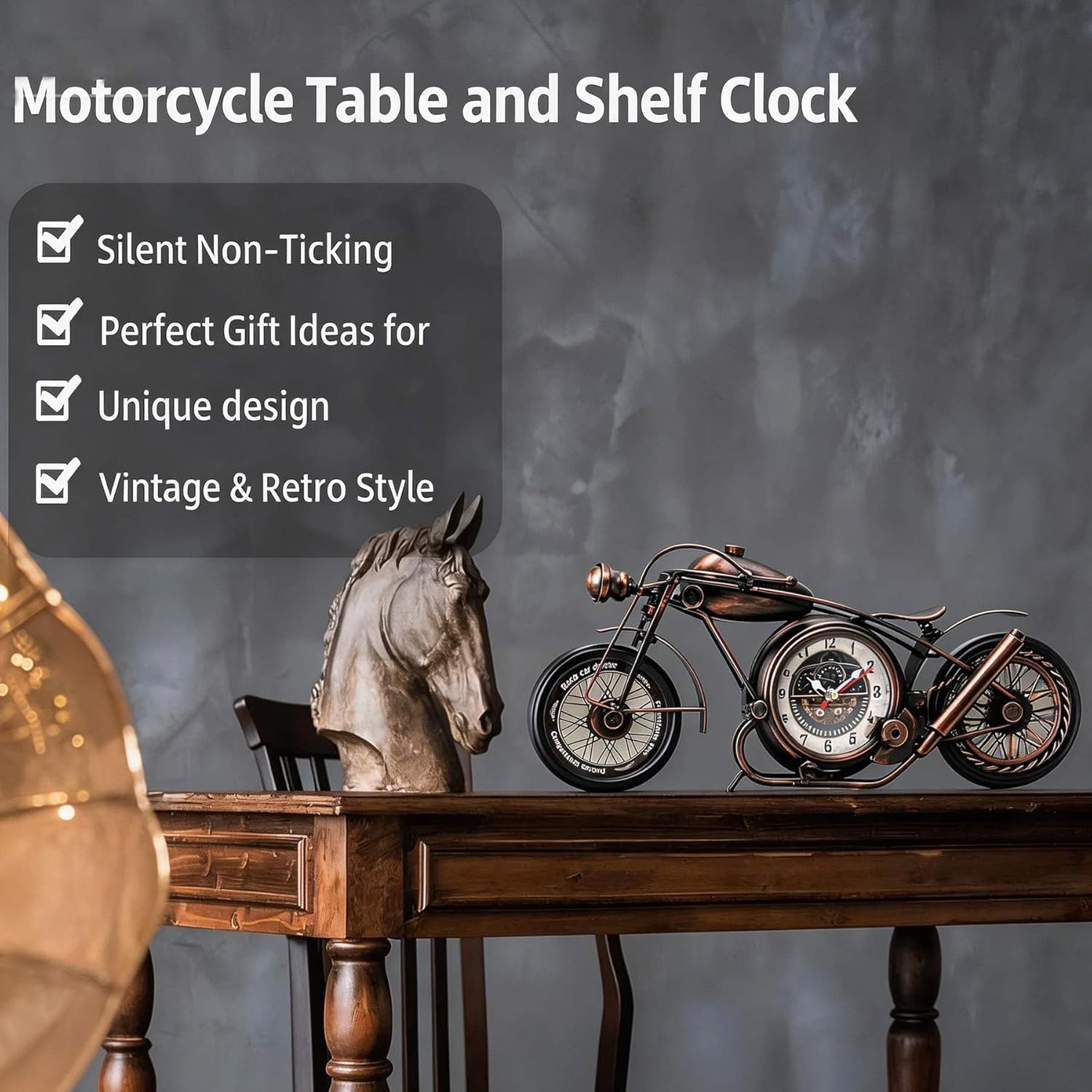 YOUKI Metal Motorcycle Art Wall Decor Desk Shelf Clocks Non Ticking Battery Operated Home Decorative Gift Idea,Wall Decorations for Bedroom Office 16.6 x 1.5X 7.9 Inches,Bronze