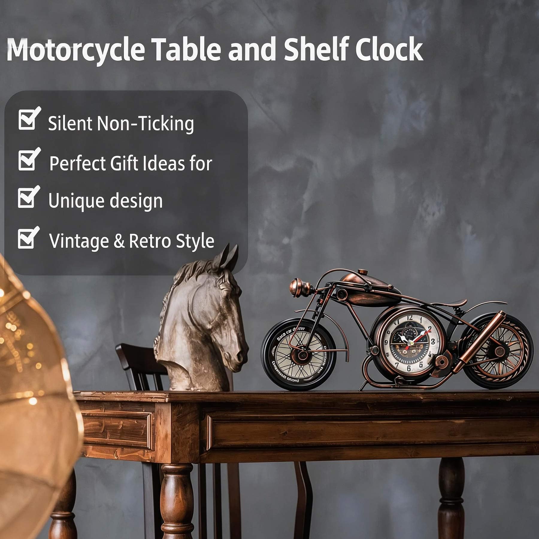YOUKI Metalowy motocykl sztuka dekoracja ścienna zegar biurkowy nie tykający zasilany bateriami dom dekoracyjny pomysł na prezent, dekoracje ścienne do sypialni biura 43 x 4,5 x 19,5 cm, brąz