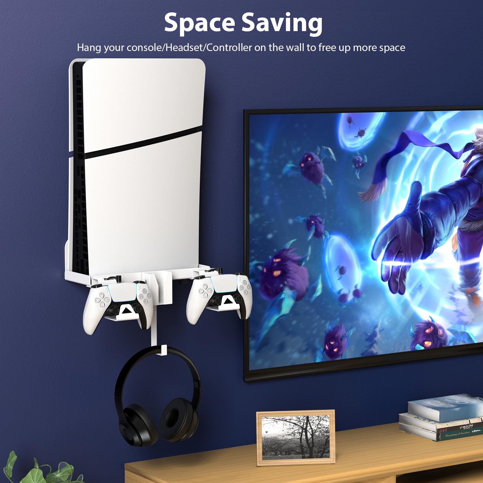 Soporte de Pared PS5 Slim, Soporte de Pared para PS5 Slim Consola con 2-en-1 Cable de Carga Magnético Acero Juego de Soporte de Pared para PlayStation 5 Slim (Disco y Digital) (Blanco)