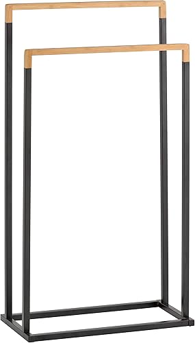 Miniatura 9 de MyGift Toallero de baño independiente de metal cromado negro de 33 pulgadas con barra de madera de bambú de 3 niveles, soporte de secado para