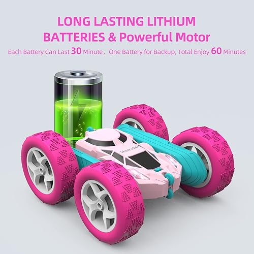 Miniatura 6 de Hamdol Auto a control remoto para niñas auto a control remoto rosa de doble cara con tapa de 360 con faros neumáticos todo terreno baterías