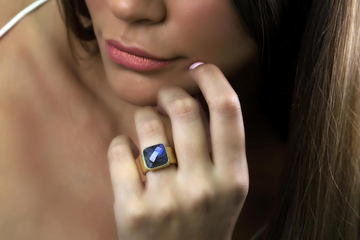 Thick Band Labradorite Square Ring - Faceted Gemstone in Gold Bezel Setting - Bold Statement Fashion Jewelry