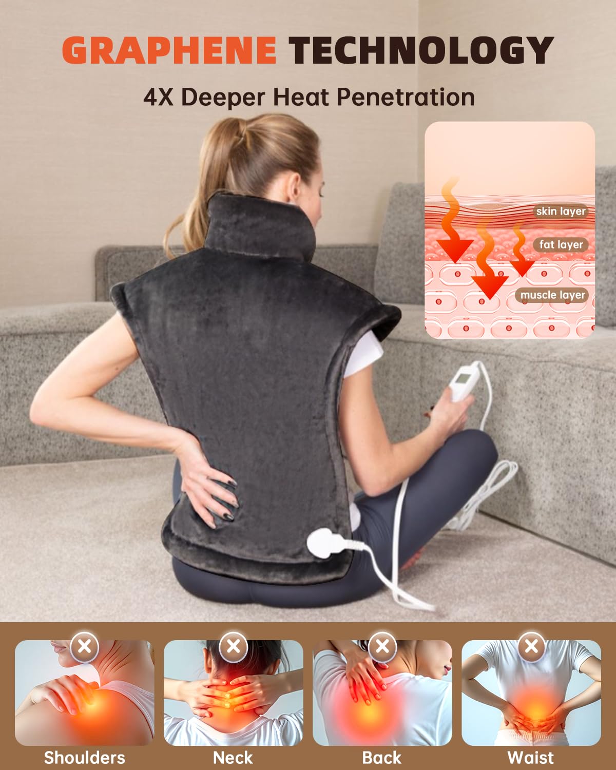 Almohadilla térmica con infusión de grafeno para cuello, hombros y espalda, regalos de cumpleaños para mujeres, hombres, papá, almohadilla térmica eléctrica pesada para aliviar el dolor, 24 x 33