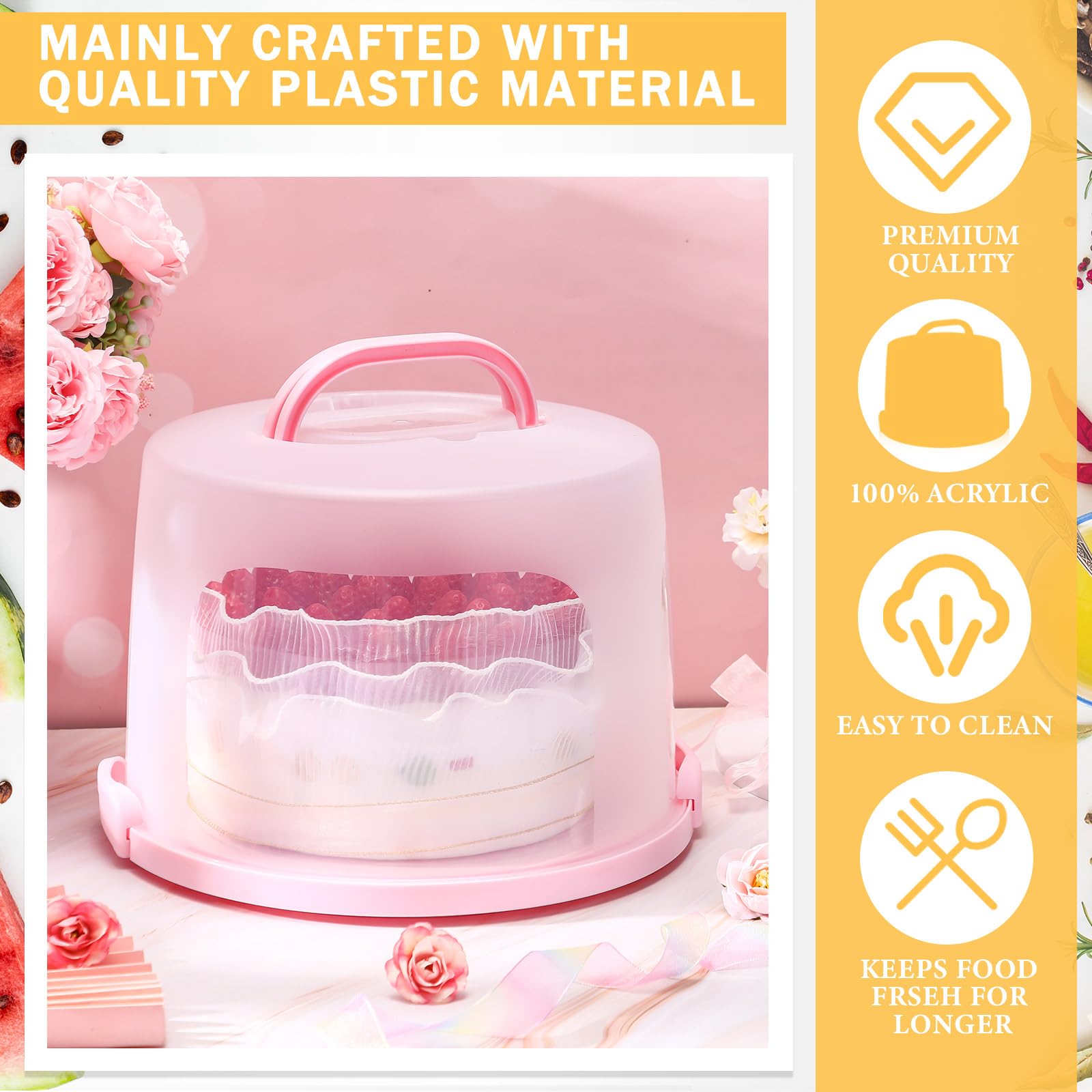 Baderke Soporte redondo para tartas de 10 pulgadas con asa, soporte para tartas de dos caras, contenedor de transporte para pasteles, soporte para tartas con tapa, bandeja para tartas con tapa (rosa)
