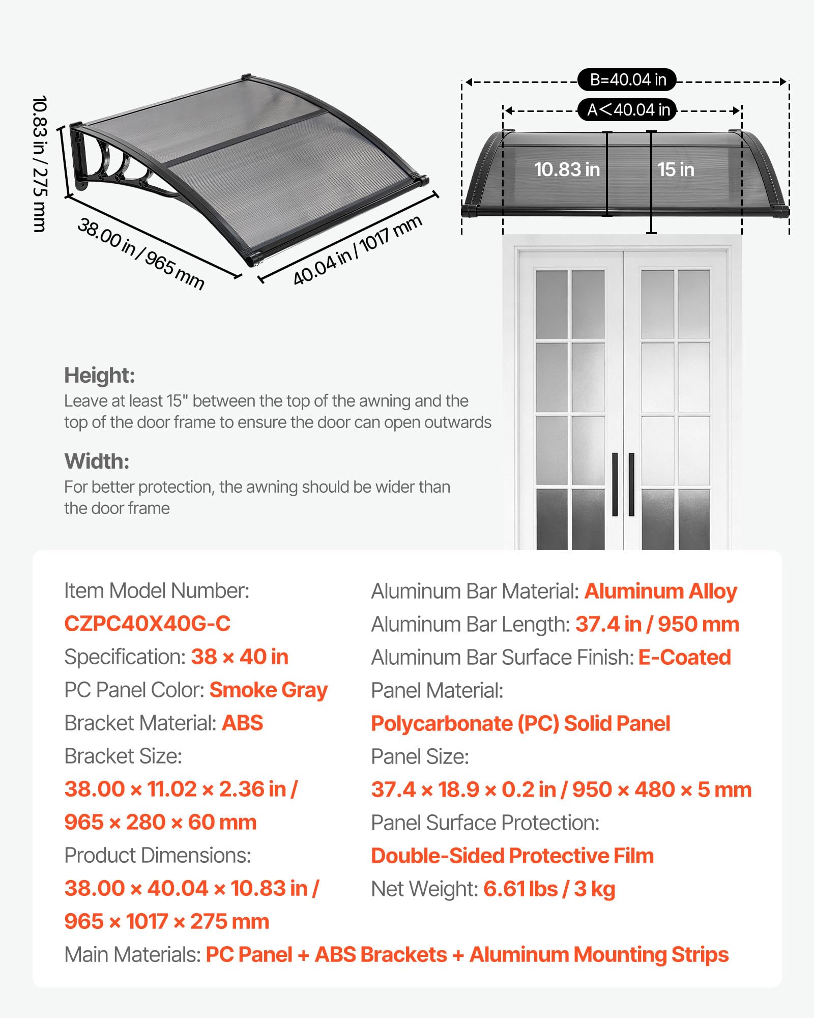 VEVOR Vordach für Haustür, 965x1017 mm, Pultbogenvordach, Überdachung mit Entwässerung & ABS-Halterung, Regen-, Schnee- & Sonnenschutz, Polycarbonat-Türdach für Veranda & Terrasse, Rauchgrau