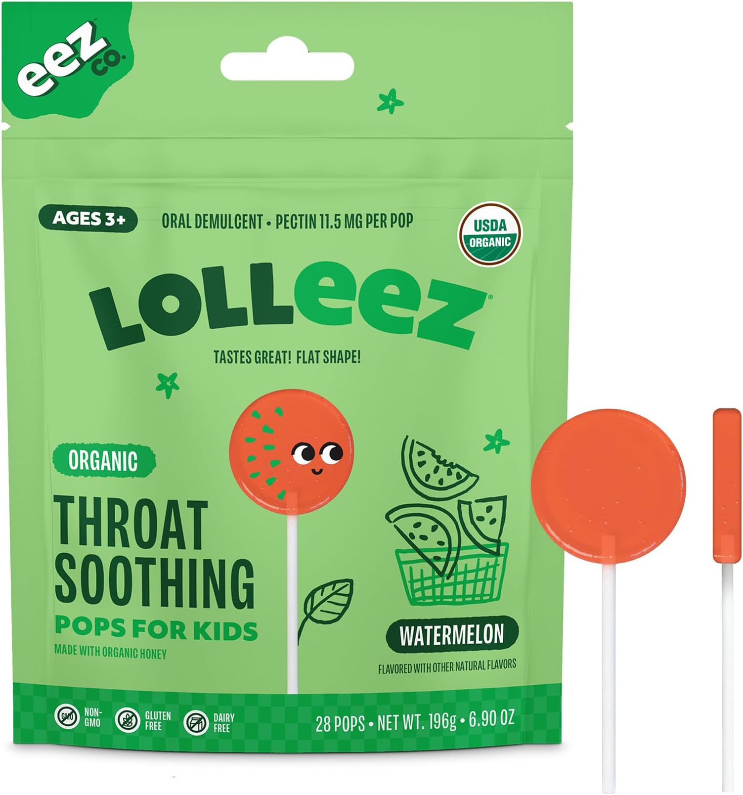Organic Lollipops for Kids Sore Throat Relief, Watermelon Perfect for Soothing A Sore Throat While Tasting Great, Watermelon Flavor, 28 Count