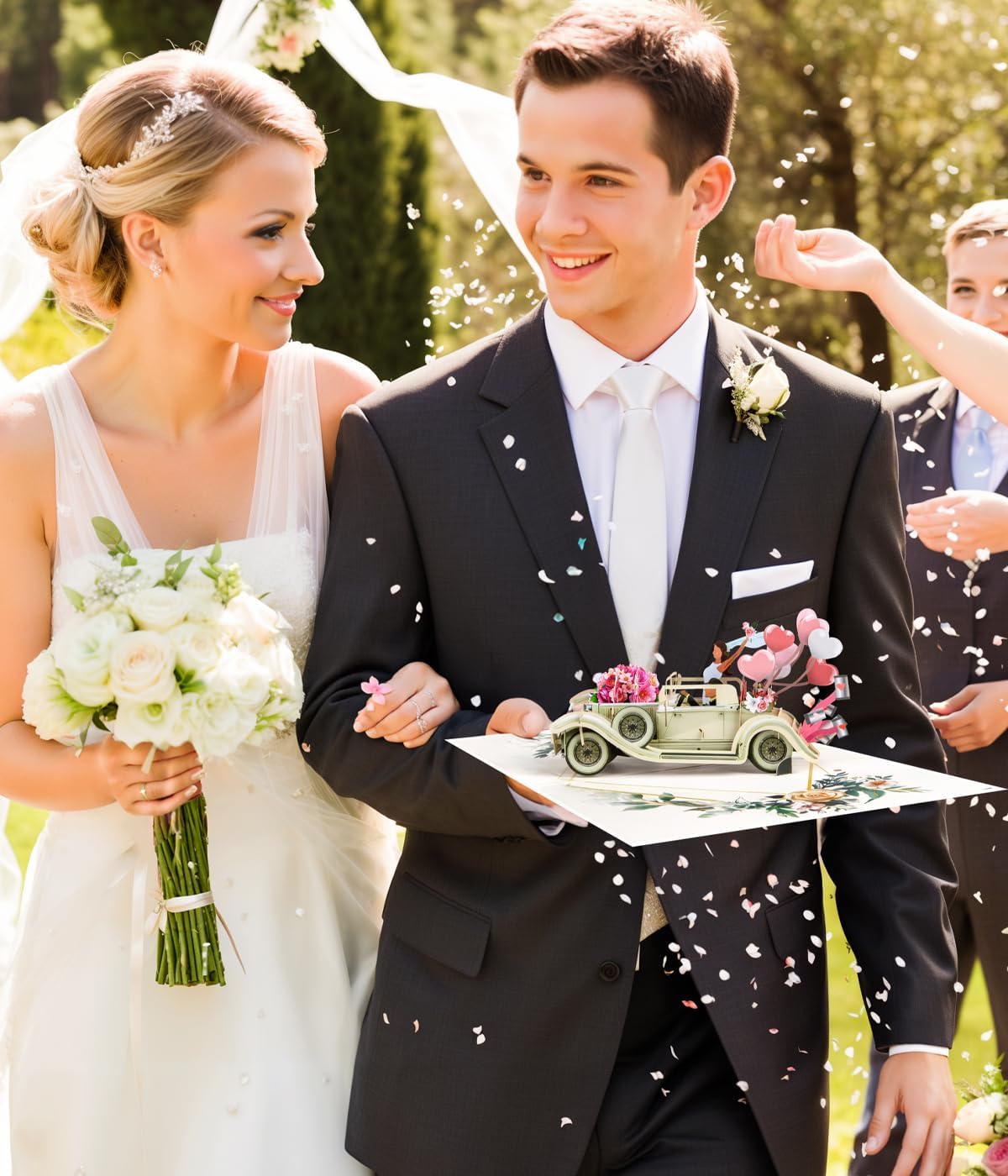 Magic Ants Just Married 3D Pop Up Wedding Card, Vintage Car with Floral Watercolor Cover, Romantic Card for Bride and Groom, Engagement, Bridal Shower, Newlyweds, Wedding Congratulations - Image 3