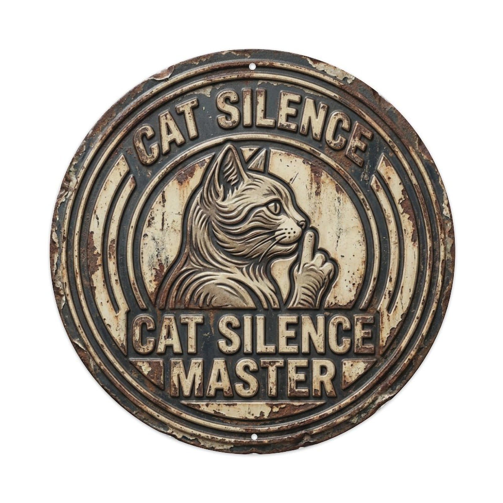 Vintage Cat Silence Master Feline Metal Tin Sign Plaque Wall Decor for Cafe, Club, Garden Round Metal Poster 8x8Inch