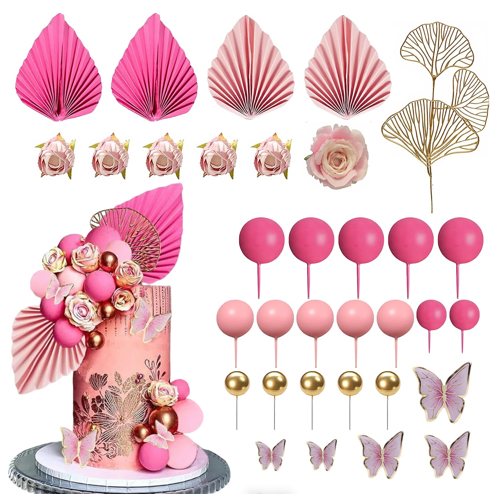 33 PCS Ball Cake Toppers, Pink Boho Cake Decorations with Butterfly Artificial Rose Flowers Palm Leaves for Birthday Party Baby Shower Wedding