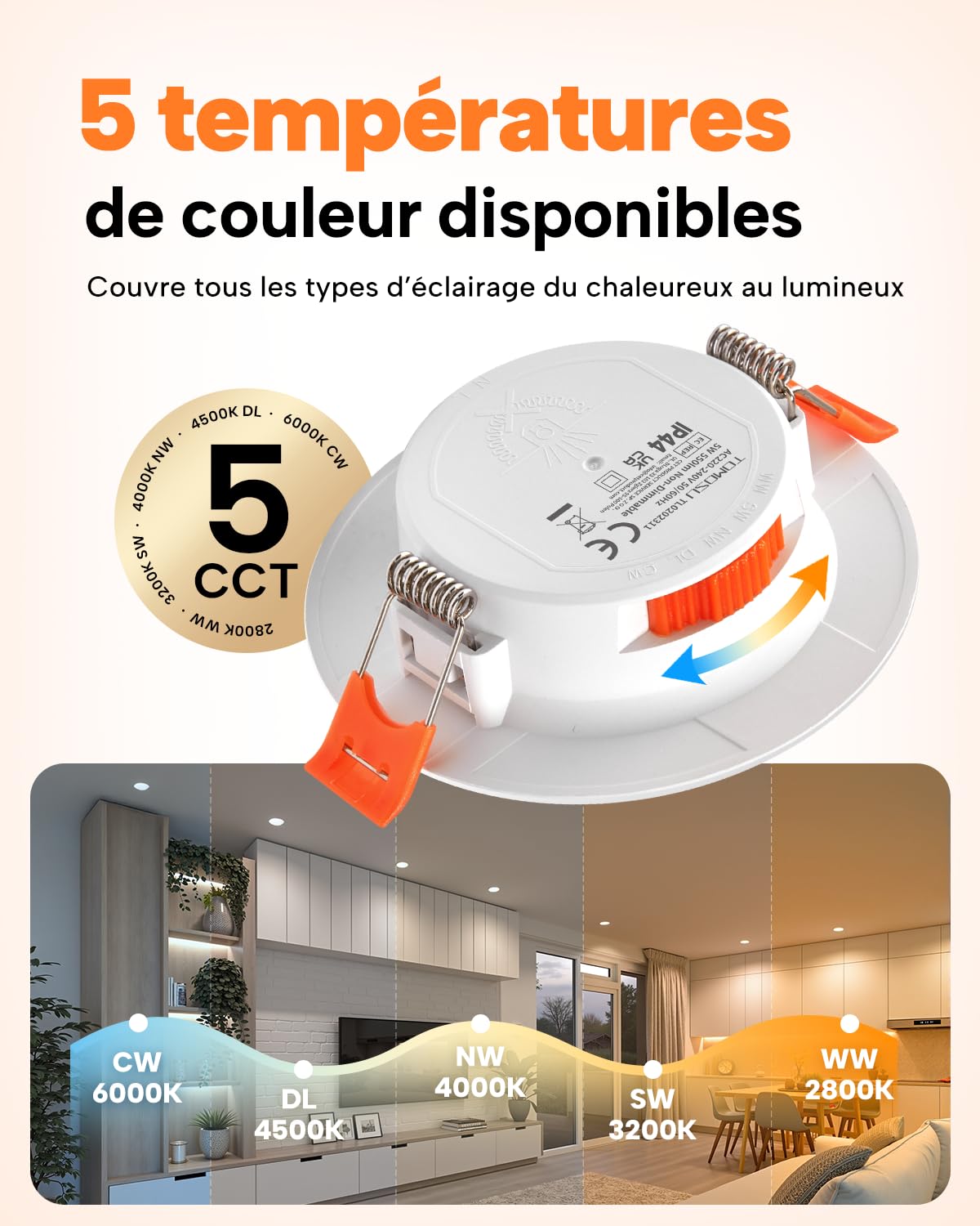 Tomosu Lot de 12 5CCT Spot Led Encastrable 68mm, 5W 550LM Spot Extra Plat IP44 Spots Encastrés Salle de Bain, 220V Spots de Plafond Blanc Chaud Blanc Neutre Blanc Froid, Trou Ø68-80mm, Non Dimmable