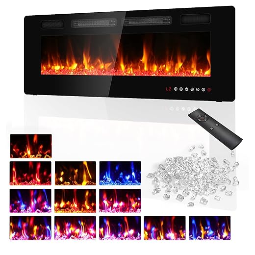 BREEZEHEAT 50inch Electric Fireplace Recessed Wall Mounted-Ultra Thin Fireplace Heater for Living Room with Front Heat Vent, Remote Control, Touch Screen, Adjustable Flame, 8H Timer, 750w/1500w