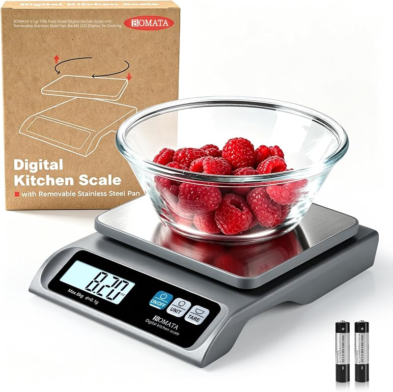 BOMATA Báscula digital para alimentos de cocina de alta precisión de 0,1 g, báscula de 13 libras | Sartén Extraíble, Sartén de Acero Inoxidable, Pantalla LCD Retroiluminada, Báscula Digital para Cocinar, Hornear B621 Gris