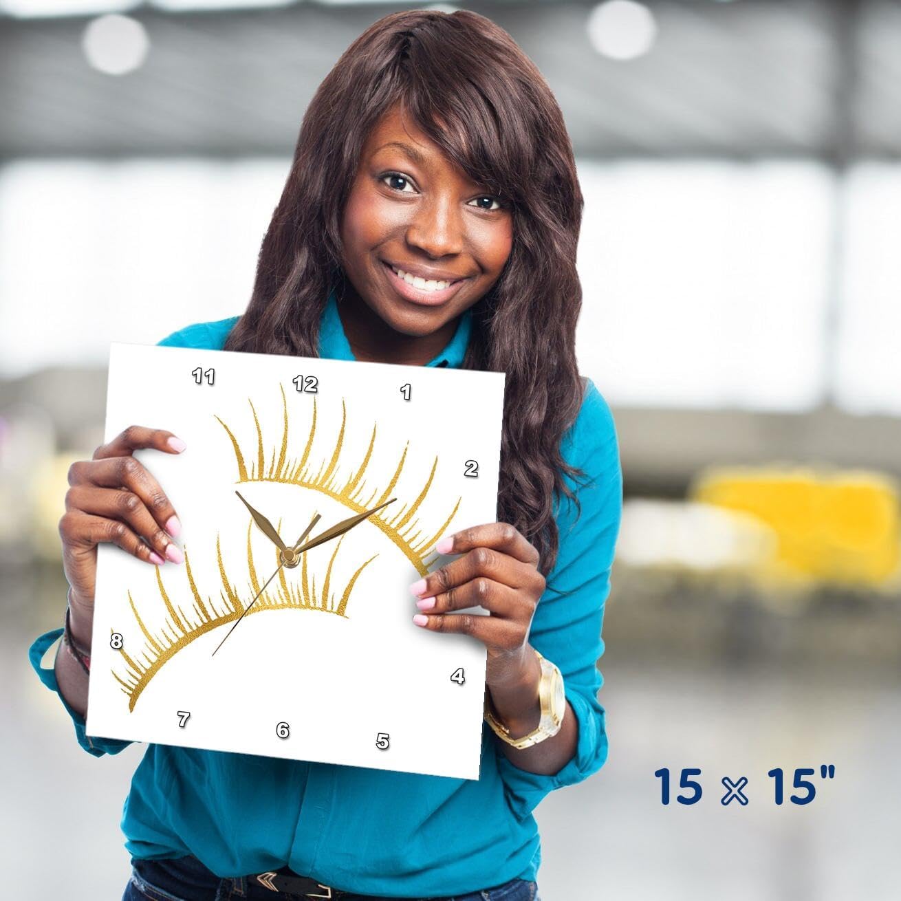 3dRose Wall Clock Silent - 15 inch - Image of Glitzy Glam Gold Girly Eyelashes - PS Glam