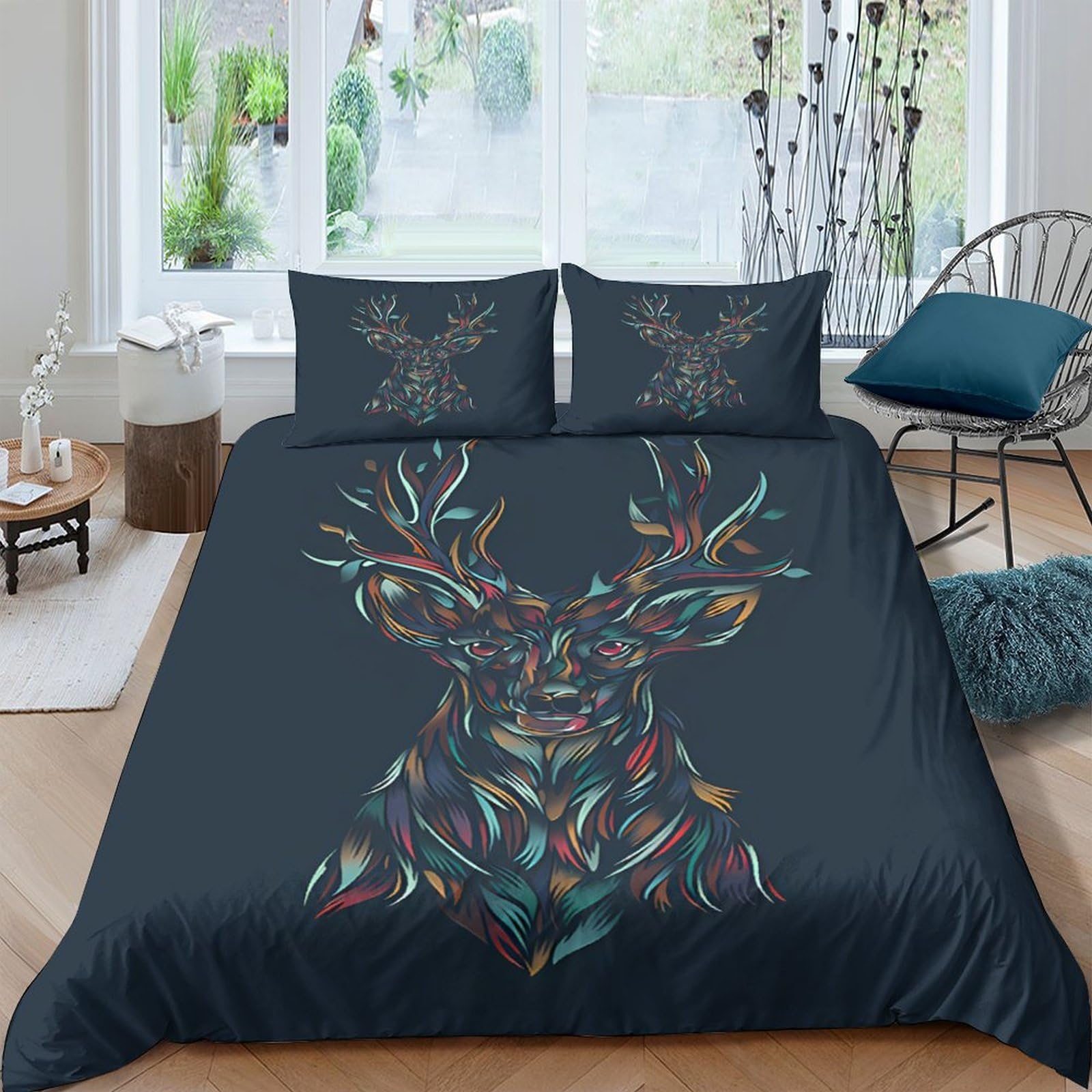 Ctjqhvkz Style-1 3D Printed Abstract Deer Fitted Sheet Microfiber Soft Dark Blue Mattress Cover For Bedroom Guest Room Dorm Decor Single（135X200cm）