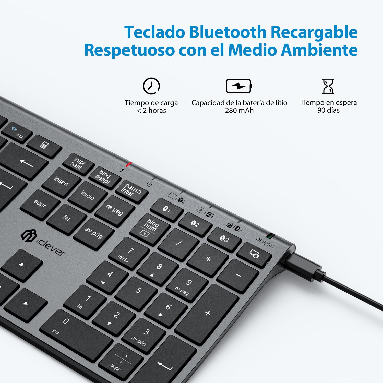 iClever Teclado Bluetooth BK23-QWERTY Español Teclado Inalámbrico para Mac con Batería Recargable Tamaño Completo Dedo Multidispositivo Multi-OS Gris Negro