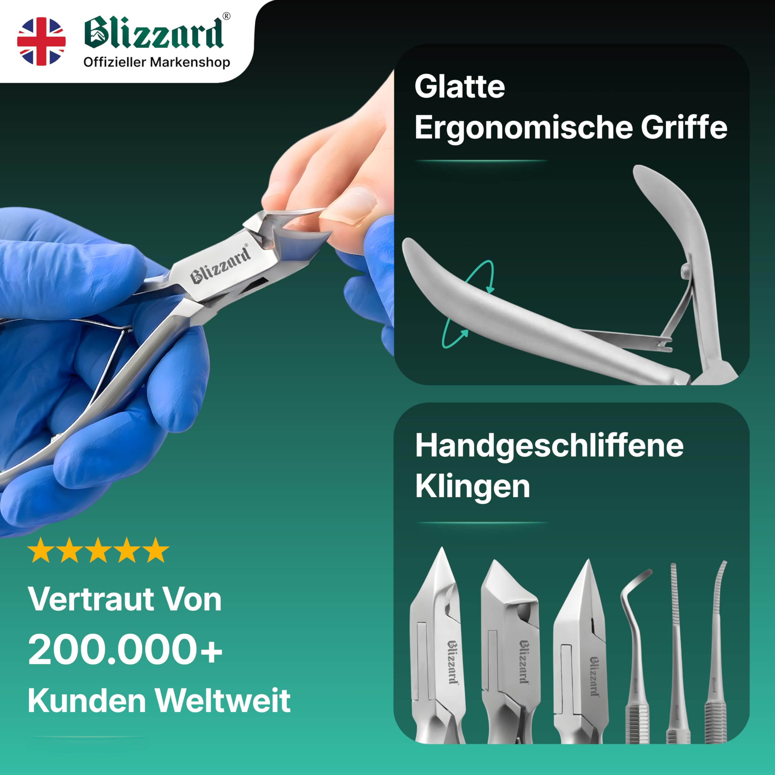 Blizzard Podologie Instrumente Set – 5-teiliges Fußpflege Set für harte & eingewachsene Nägel – Nagelzange, Eckenzange, Nagelhautentferner, Eckenfeile & Eckenheber – Profi Podologie Werkzeug