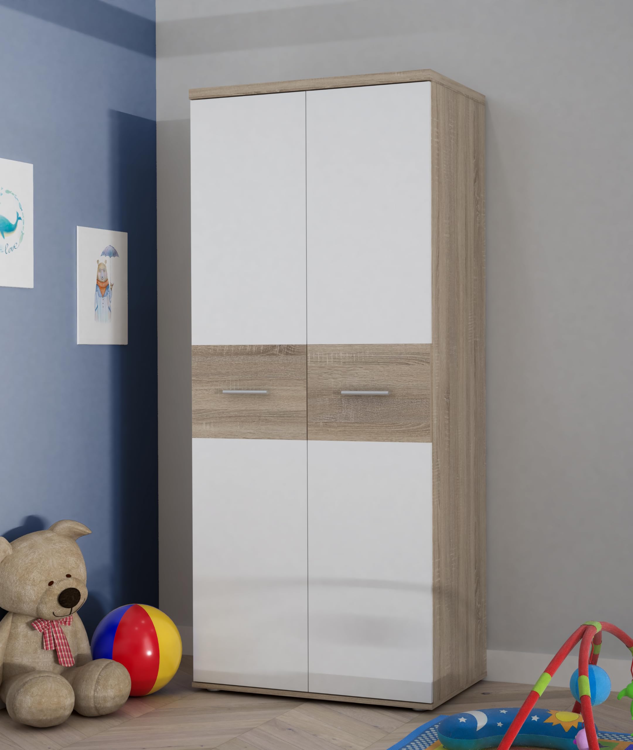 Forte WINNIE Schrank 80, moderner Kleiderschrank, Kinderzimmerschrank, Schlafzimmer, Skandinavischer Stil, 2-türig, Sonoma Eiche Holzdekor/ Weiß, 80 cm breit x 189 cm hoch x 53 cm tief