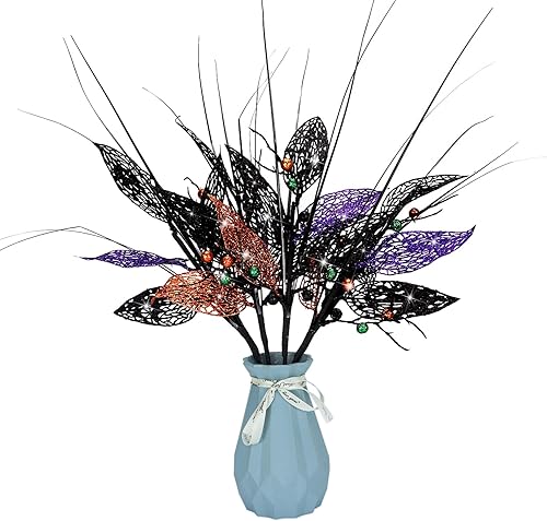 Miniatura 5 de Ramas de flores de Halloween de 16 pulgadas con purpurina, hojas con purpurina, tallos de bayas artificiales, ramas falsas para Halloween, casa