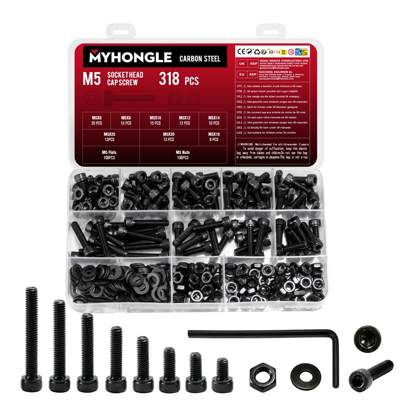 318 Pcs M5 Screws Set, Assorted Nuts and Bolts Set, Hex Socket Head Cap Screws Bolts and Nuts Sets, Black Hex Socket Cap Head Machine Screw Assortment with Lock & Flat Washers for DIY Repair