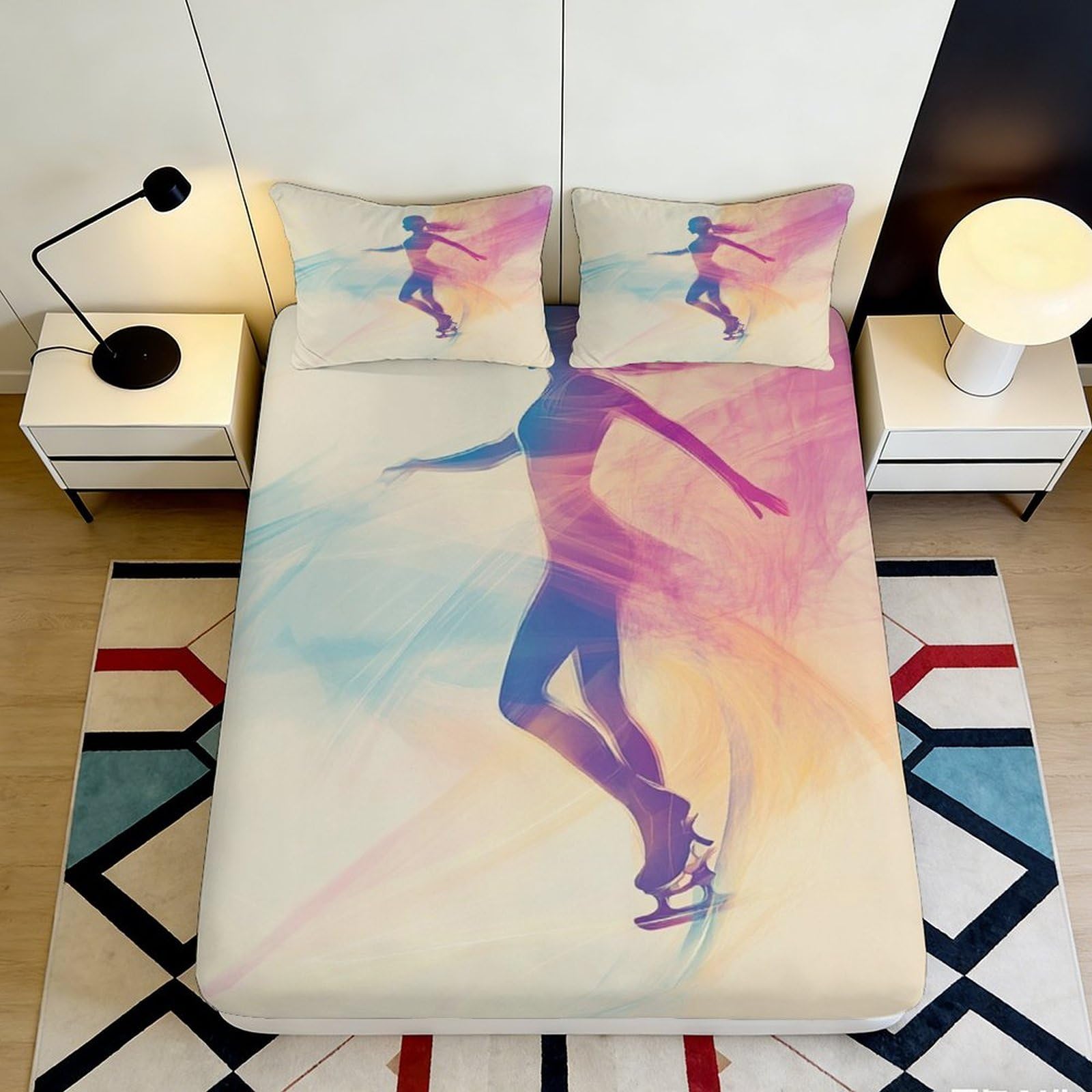 3D Printed Colorful Skater Fitted Sheet Microfiber Soft Artistic Silhouette Bed Cover for Bedroom Guestroom Dorm Decor 90x200x25cm