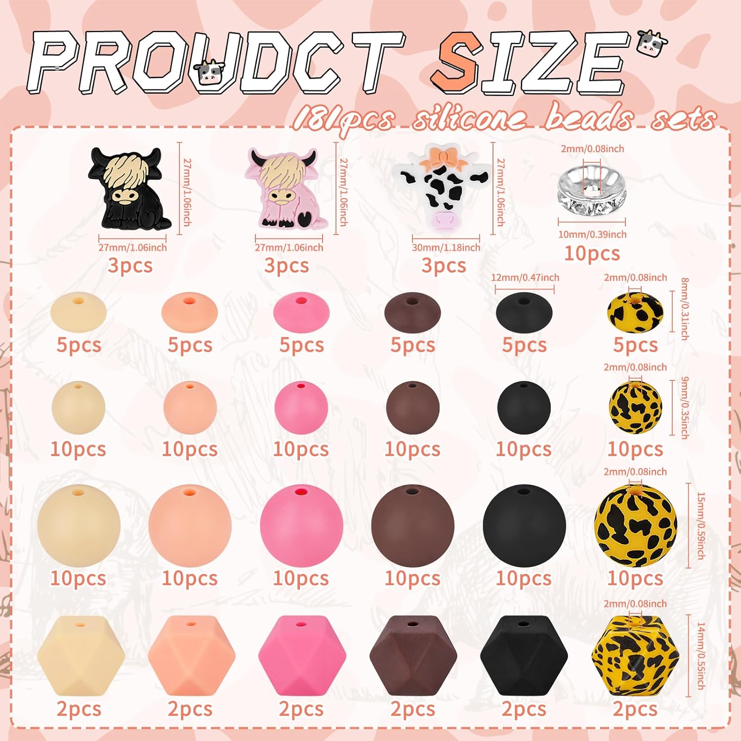 181pcs Highland Cow Silicone Beads, 9mm & 15mm Mixed Colors Focal Bead Cow Rubber Beads, Lentil, Hexagonal, Print Matte/Frosted Bead for Keychain Making, Bracelet Necklace DIY - Image 2