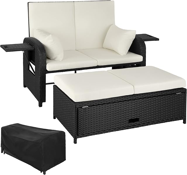 tectake 800934 Rattan garden sofa | Aluminium polyrattan 2-seater lounger with adjustable backrest | Weather resistant including cushions and protective cover
