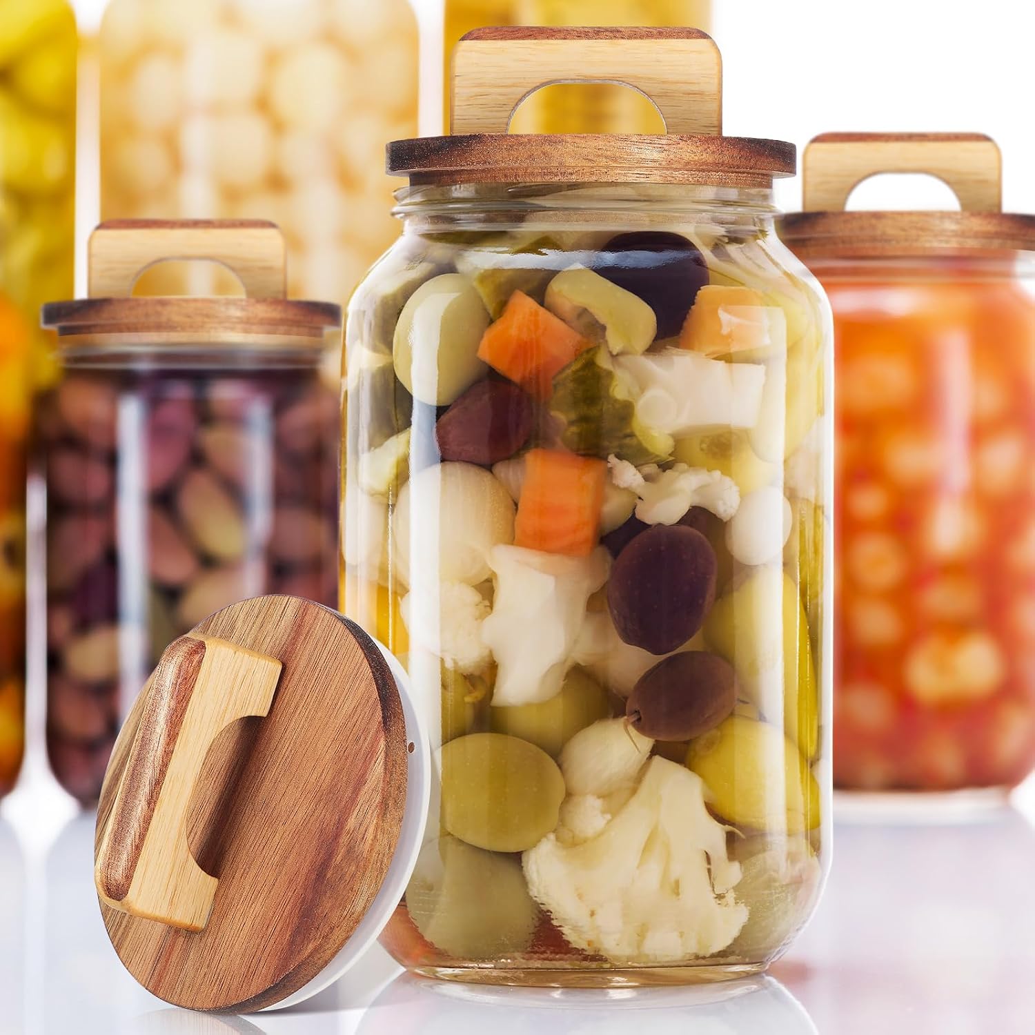 3pcs Storage Jar Wooden Lid, 3.54 inch Wide Mouth Canning Lids with Handle Sealing Ring, Multipurpose Canning Covers Wood Lid for Glass Canister Food Jars, for Mouth Diameter 10cm/3.94 inch