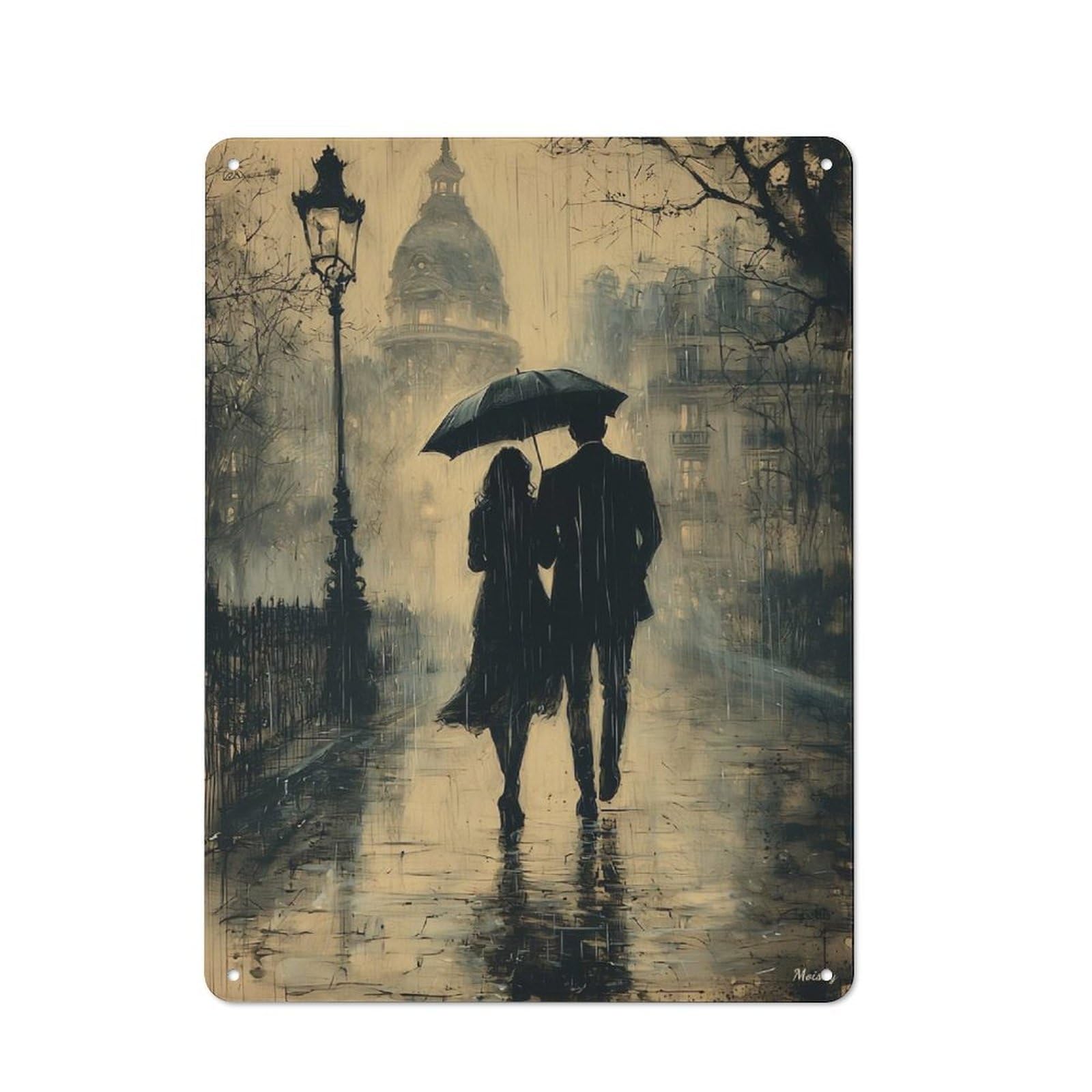 Junmoney Romantic Rainy Walk - Charcoal Style For Café Or Restaurant, Rustic Metal Plaque 40X30cm, For Hospitality Interior Collectors Refreshing A Room In Autumn