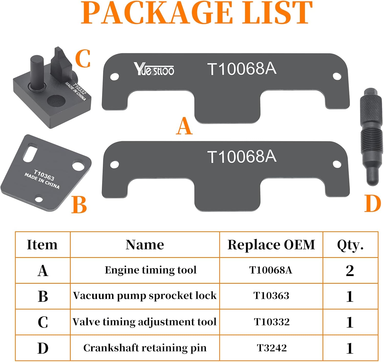 Engine Timing Tool Set, Compatible with Audi VW W8 W12 Touareg 3.2L, Magotan CC 3.0L, Audi & Porsche 3.6L VR6, and Bentley 6.0L / 6.3L W12 Engines, T10068A T10332 T10363, with Gloves