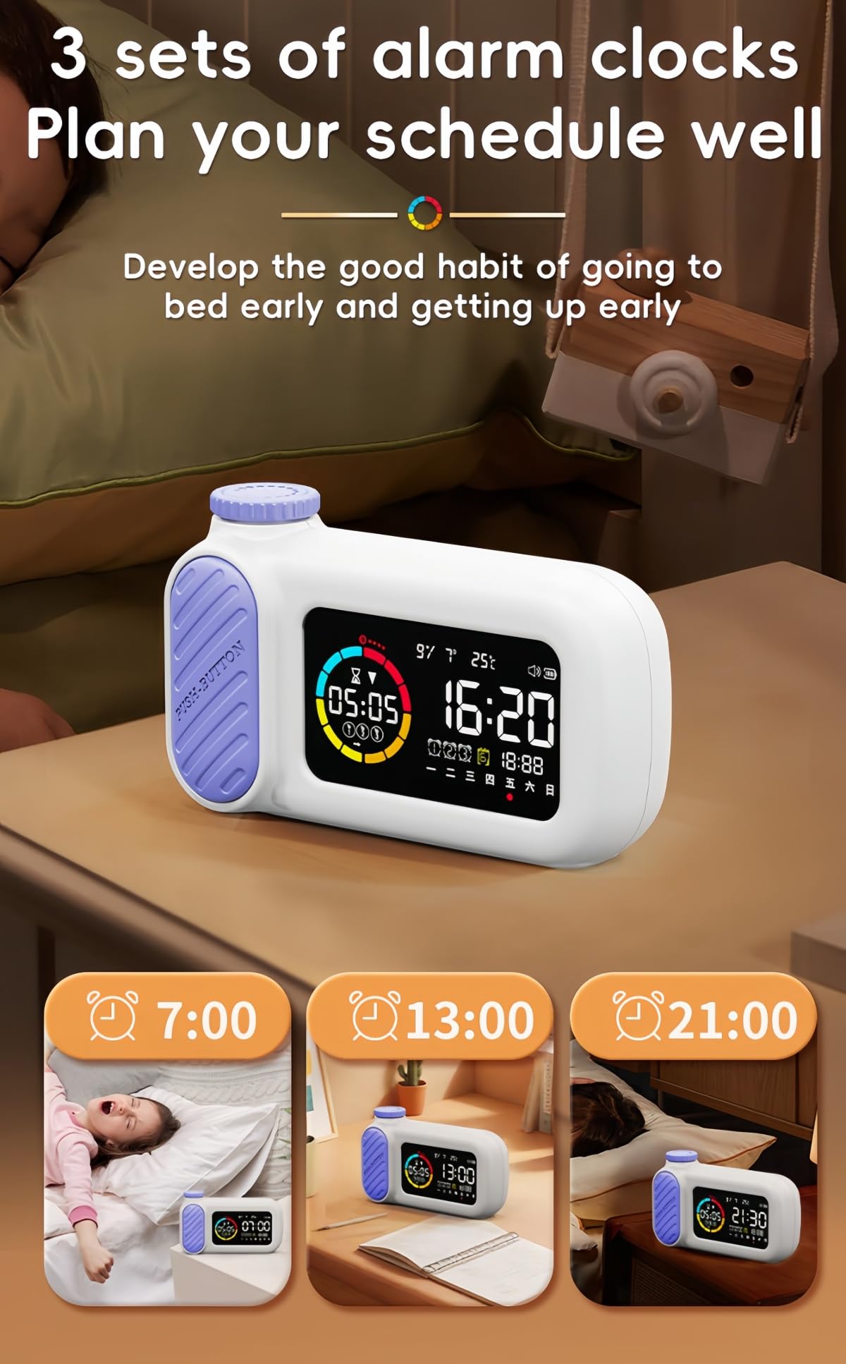 Reloj Despertador con Temporizador Visual de diseño Creativo, gestor de Tiempo Inteligente con Cuenta Regresiva, autodisciplina, Regalo Ideal para Amigos. (Morado)