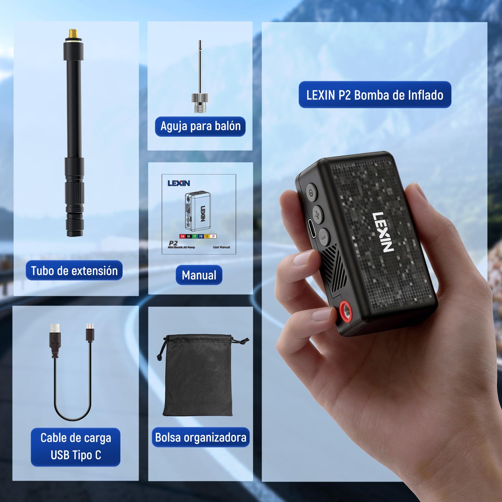LEXIN P2 Mini Bomba para Bicicleta, 130 PSI, Ultra-Ligero, Pantalla LCD | Compresor Portátil para Bicicleta con Batería 700mAh, Válvulas Presta y Schrader, para Bicicleta/Moto/Bola/Scooter