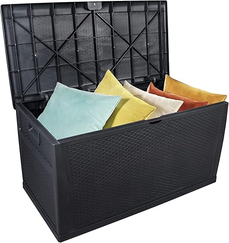 SEALAMB Caja grande de almacenamiento al aire libre de 120 galones, caja de cubierta impermeable de resina para interiores para muebles de patio,