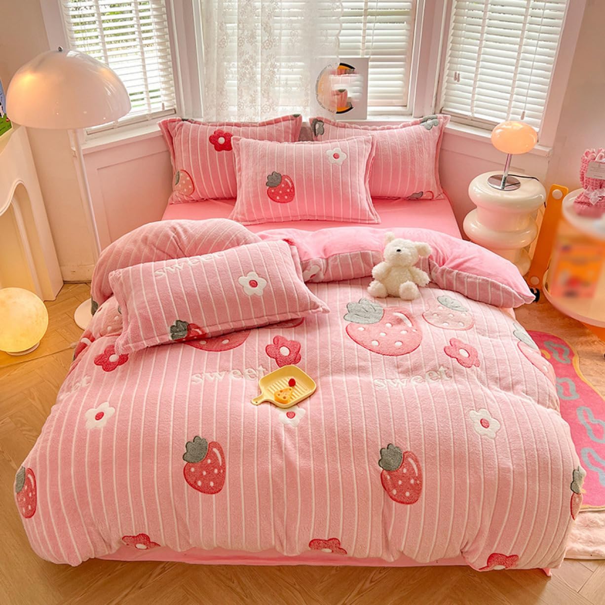 ピンクいちご 可愛いシングル布団カバー3点寝具セットシーツ枕カバー付