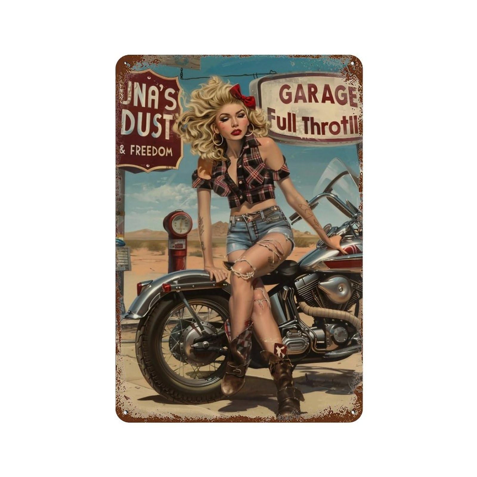 YHGERTKU Route 66 Pin Up Cowgirl Motorcycle 01 Wall Art Retro Iron Vintage Metal Tin Sign Poster Modern Decor for Living Rooms Gift 30x20cm