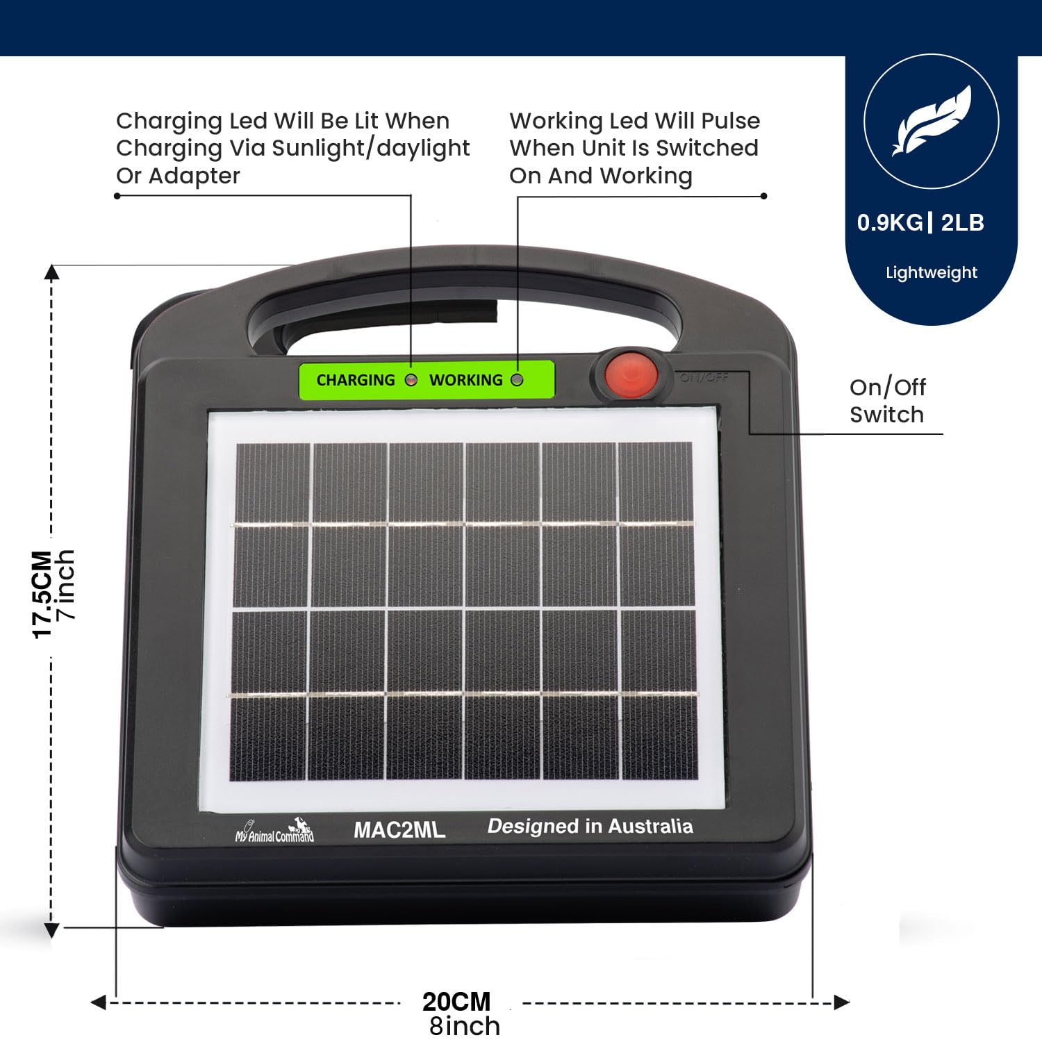 My Animal Command Cargador de valla eléctrico alimentado por energía solar de 0,2 julios de voltaje ajustable (6-9 KV) con batería de litio, contención energizante y protección de ganado, caballos